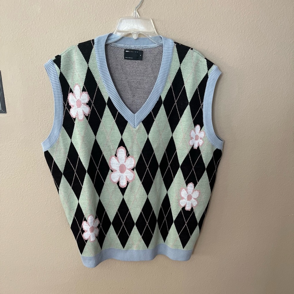 ASOS DESIGN knitted argyle tank top with floral pattern